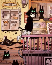 Rule 34 | 1girl, 1other, animal ears, ankle cuffs, black cat, black hair, black hoodie, black jacket, boots, cable, cash register, cashier, cat, cat ears, cat girl, cat tail, convenience store, counter, crab, dirty, dot nose, extra eyes, fish, frown, garouma, green eyes, grey footwear, grey pants, highres, hood, hoodie, jacket, looking at viewer, looking back, mailbox (incoming mail), octopus, original, outdoors, pants, railing, shoes, shop, short hair, sneakers, stairs, tail, tentacles, umbrella, unworn footwear, white umbrella