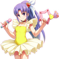 Rule 34 | 1girl, choker, cosplay, creamy mami, creamy mami (cosplay), cure fortune, frilled skirt, frills, hair ornament, happinesscharge precure!, heart, heart hair ornament, highres, hikawa iona, instrument, leotard, long hair, looking at viewer, magical girl, mahou no tenshi creamy mami, ponytail, precure, purple hair, sayousuke, simple background, skirt, smile, solo, tambourine, white background, wide ponytail