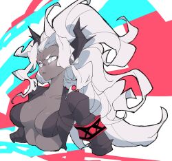 Rule 34 | 1girl, abstract background, black horns, black jacket, breasts, cleavage, cropped torso, helltaker, highres, horns, jacket, judgement (helltaker), leather bikini, long hair, looking at viewer, medium breasts, oioidaddy, parted lips, solo, upper body, white eyes, white hair