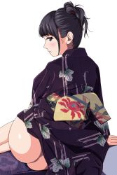 Rule 34 | 1girl, ass, black eyes, black hair, blush, highres, japanese clothes, kimono, matsunaga kouyou, no panties, obi, original, sash, sidelocks, sitting, solo, yokozuwari