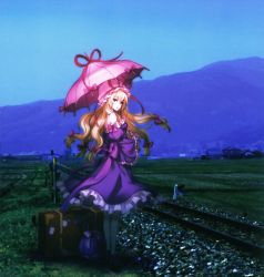 Rule 34 | 1girl, an2a, blonde hair, female focus, full body, highres, long hair, nature, outdoors, photo background, pink eyes, railroad tracks, sky, solo, standing, suitcase, third-party edit, touhou, umbrella, yakumo yukari