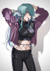 Rule 34 | 1girl, arms behind back, black pants, black shirt, colored inner hair, commentary request, crop top, finana ryugu, finana ryugu (3rd costume), fins, fishnets, green hair, grey background, hair over one eye, hair tie in mouth, head fins, head tilt, highres, jacket, kyouno, long hair, looking at viewer, mouth hold, multicolored hair, nijisanji, nijisanji en, pants, purple eyes, purple hair, purple jacket, shirt, simple background, solo, tying hair, virtual youtuber