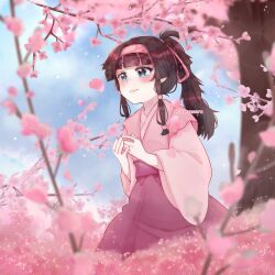 Rule 34 | 1girl, alluka zoldyck, black hair, blue eyes, blush, cheonsaru, cherry blossoms, cherry tree, hair ornament, hairband, highres, hunter x hunter, japanese clothes, long hair, long sleeves, looking to the side, multi-tied hair, signature, sitting, smile, smiley face, solo