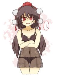Rule 34 | ..., 1girl, bare arms, bare shoulders, black hair, black panties, black wings, bow, bow panties, breasts, camisole, cleavage, collarbone, commentary request, covered navel, cropped legs, crossed arms, feathered wings, gluteal fold, hair between eyes, hat, highres, looking at viewer, navel, open mouth, panties, red eyes, red hat, see-through, see-through camisole, shameimaru aya, small breasts, solo, spoken ellipsis, sweat, thigh gap, tokin hat, totoharu (kujirai minato), touhou, underwear, underwear only, v-shaped eyebrows, wings