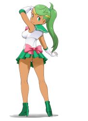 Rule 34 | 1girl, armpits, arms up, ass, bishoujo senshi sailor moon, blush, breasts, closed mouth, collarbone, cosplay, cowboy shot, creatures (company), dark-skinned female, dark skin, female focus, game freak, green eyes, green hair, hair ornament, hairband, highres, long hair, looking at viewer, looking back, mallow (pokemon), medium breasts, nintendo, pokemon, pokemon sm, sailor jupiter, sailor jupiter (cosplay), shiny skin, simple background, smile, solo, tof