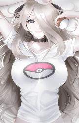 Rule 34 | 1girl, arms up, blonde hair, breasts, choker, creatures (company), cynthia (pokemon), game freak, hair ornament, hair over one eye, highres, large breasts, long hair, looking at viewer, nintendo, poke ball, pokemon, pokemon dppt, shirt, short sleeves, smile, t-shirt, tommy (kingdukeee), upper body, very long hair, white shirt