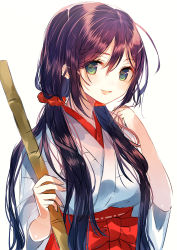 Rule 34 | 10s, 1girl, blush, green eyes, hair over shoulder, io enishi, japanese clothes, long hair, looking at viewer, love live!, love live! school idol festival, love live! school idol project, low twintails, miko, purple hair, simple background, sketch, solo, tojo nozomi, twintails, upper body, white background