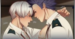 Rule 34 | 2boys, boku no hero academia, collared shirt, commentary, english commentary, face-to-face, grey hair, highres, looking at another, male focus, multiple boys, necktie, open mouth, parted lips, profile, purple hair, red neckwear, riffraffhellyea, shinsou hitoshi, shirt, short hair, teeth, todoroki shouto, undone necktie, upper body, upper teeth only, white shirt, yaoi