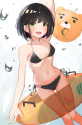Rule 34 | 1girl, absurdres, ball, beachball, bikini, black bikini, black hair, breasts, canizzz, fang, feet out of frame, green eyes, halterneck, highres, innertube, looking at viewer, open mouth, original, revision, short hair, side-tie bikini bottom, small breasts, smile, solo, string bikini, swim ring, swimsuit, water drop, white background