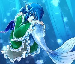 Rule 34 | 1girl, blue eyes, blue hair, bubble, colored eyelashes, drill hair, fins, gimicalmas, head fins, japanese clothes, kimono, light rays, long sleeves, mermaid, monster girl, obi, sash, solo, touhou, underwater, wakasagihime, wide sleeves