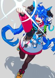 Rule 34 | 1girl, @ @, ahoge, animal ears, arm up, black nails, blue eyes, blue hair, boots, bow, brown pantyhose, clenched hands, commentary, crossed bangs, drawstring, full body, grey background, hair bow, heterochromia, highres, hood, hoodie, horse ears, horse girl, horse tail, leg up, long hair, long sleeves, looking up, multicolored clothes, multicolored hoodie, nail polish, open mouth, pantyhose, pink eyes, raised fist, shadow, sharp teeth, sidelocks, simple background, solo, sparkle, standing, standing on one leg, striped bow, stuffed animal, stuffed rabbit, stuffed toy, tail, teeth, twin turbo (umamusume), twintails, umamusume, very long hair, yellow footwear, yoshioka suke