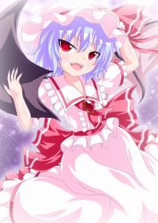 Rule 34 | 1girl, arm up, ascot, bat wings, blue hair, broom, fangs, hat, highres, kagerou (kers), kers, looking at viewer, open mouth, red eyes, remilia scarlet, short hair, skirt, skirt set, smile, solo, touhou, tsurime, wings, wrist cuffs