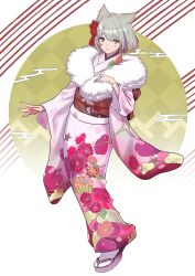 Rule 34 | 1girl, absurdres, animal ear fluff, animal ears, blush, checkered background, closed mouth, commentary request, egasumi, floral print, flower, full body, fur collar, green eyes, grey hair, hair flower, hair ornament, hand up, highres, japanese clothes, karian909, kimono, long sleeves, looking at viewer, mio (xenoblade), pink footwear, pink kimono, print kimono, red flower, sandals, smile, socks, solo, tabi, white background, white socks, wide sleeves, xenoblade chronicles (series), xenoblade chronicles 3, zouri