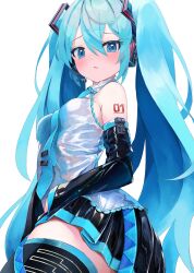 Rule 34 | 1girl, :&lt;, armpit crease, bare shoulders, belt, between breasts, black skirt, black thighhighs, blue eyes, blue hair, blue necktie, blush, breasts, closed mouth, collared shirt, commentary, cowboy shot, detached sleeves, english commentary, frilled shirt, frills, from side, hair between eyes, hair ornament, hatsune miku, headset, heart, heart-shaped pupils, highres, long hair, long sleeves, looking at viewer, loose belt, microphone, miniskirt, necktie, necktie between breasts, number tattoo, pleated skirt, shirt, sidelocks, simple background, skirt, sleeveless, sleeveless shirt, small breasts, solo, symbol-shaped pupils, takepon1123, tattoo, thick thighs, thighhighs, thighs, tie clip, twintails, very long hair, vocaloid, white background, white shirt, zettai ryouiki