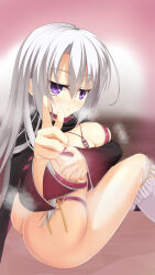 Rule 34 | 1girl, :&lt;, ass, ayachi nene, belt, belt bra, belt collar, black cloak, blush, bottomless, breasts, breath, cleavage, cloak, closed mouth, collar, commentary, covering breasts, covering privates, curvy, feet out of frame, fingernails, foreshortening, from side, grey hair, hair between eyes, hair ribbon, highres, index finger raised, jewelry, jitome, kneehighs, knees up, large breasts, long hair, long sleeves, looking at viewer, looking back, necklace, no headwear, pink background, pink belt, pointing, pointing at viewer, purple eyes, reiji tsukimi, ribbon, sanoba witch, simple background, sitting, skindentation, socks, solo, straight hair, thighs, two-tone gloves, upturned eyes, very long hair, visible air, white socks, wide sleeves, wooden floor, yellow ribbon