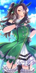 Rule 34 | 1girl, animal ears, black gloves, brown eyes, brown hair, commentary request, cowboy shot, dress, ear covers, garter belt, garter straps, gloves, green dress, hand on own hip, hands on own hips, horse ears, horse girl, horse tail, king halo (umamusume), off-shoulder dress, off shoulder, open mouth, partial commentary, sky, solo, sweat, tail, tanabe, thighs, umamusume, wavy hair
