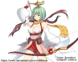 Rule 34 | 1girl, alternate color, arm up, arrow (projectile), ascot, belt, blunt bangs, bob cut, bow (weapon), breasts, brown belt, cleavage, closed mouth, commentary request, cowboy shot, detached sleeves, fingerless gloves, gloves, green eyes, green hair, highres, holding, holding bow (weapon), holding weapon, looking at viewer, medium bangs, medium breasts, official alternate costume, oil lamp, pouch, quiver, ragnarok online, ranger (ragnarok online), red gloves, red shorts, scarf, short hair, short shorts, shorts, simple background, smile, solo, underbust, vin love, watermark, weapon, web address, white background, white sleeves, yellow ascot, yellow scarf