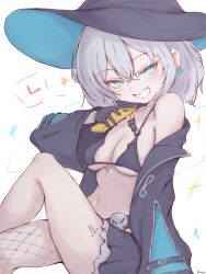 Rule 34 | 1006kbps, 1girl, absurdres, azur lane, bikini, bikini top only, black bikini, black gloves, black hat, black jacket, black skirt, blue eyes, blue hat, breasts, cellphone, crossed bangs, crossed legs, earrings, fishnet thighhighs, fishnets, gloves, grin, hand up, hat, highres, holding, holding phone, jacket, jade (a good girl&#039;s magic) (azur lane), jade (azur lane), jewelry, leg tattoo, light blush, looking at viewer, medium breasts, mole, mole under eye, navel, official alternate costume, open mouth, phone, short hair, single thighhigh, skirt, smartphone, smile, solo, stomach, swimsuit, tattoo, thighhighs, two-tone hat, white hair, witch hat
