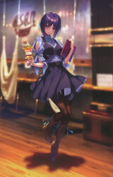 Rule 34 | 1girl, absurdres, blue eyes, blurry, blurry background, blush, boots, breasts, buttons, cross-laced footwear, food, fruit, full body, hanikami kanojo, highres, holding, ice cream, ice cream cup, indoors, lace-up boots, looking at viewer, menu board, pantyhose, piromizu, puffy sleeves, purple hair, scan, shadow, short hair, short sleeves, simple background, skirt, small breasts, solo, waitress, wooden floor