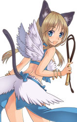 Rule 34 | 1girl, alternate color, animal ear fluff, animal ears, back, bangle, blonde hair, blue background, blue eyes, blush, bow, bracelet, breasts, cat ears, cat tail, commentary request, cowboy shot, feathered wings, holding, holding whip, jewelry, kawagoe pochi, large bow, large breasts, long hair, looking at viewer, looking back, open mouth, ragnarok online, simple background, smile, solo, tail, twintails, wanderer (ragnarok online), whip, white background, white wings, wings