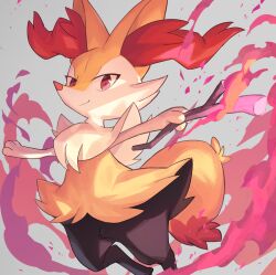 Rule 34 | animal ear fluff, bad link, braixen, chorefuji, closed mouth, commentary request, creatures (company), game freak, gen 6 pokemon, grey background, highres, holding, holding stick, looking at viewer, nintendo, outstretched arms, pokemon, pokemon (creature), red eyes, simple background, smile, solo, stick, yellow fur