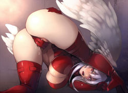 Rule 34 | 1girl, akinaie, ass, blush, bodysuit, boots, breasts, cleavage, female focus, final fantasy, final fantasy tactics, head wings, large breasts, leotard, navel, open mouth, pussy juice, red eyes, red leotard, red thighhighs, short hair, solo, thigh boots, thighhighs, thighs, top-down bottom-up, ultima (fft), white hair, white wings, wings