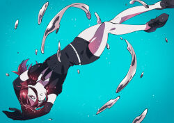 Rule 34 | 1other, aqua background, arms up, black footwear, black gloves, black necktie, cinnabar (houseki no kuni), closed mouth, elbow gloves, facing to the side, floating, floating hair, foot out of frame, formal, frown, gem uniform (houseki no kuni), gloves, glowing, glowing hair, hair between eyes, houseki no kuni, knee up, light particles, long hair, looking at viewer, mercury (element), necktie, nikomi (nikomix), other focus, red eyes, red hair, shoes, sideways glance, simple background, solo, sparkle, suit, upside-down