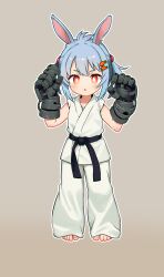 Rule 34 | 1girl, :o, animal ears, barefoot, belt, black belt, blue hair, chromatic aberration, collarbone, commentary request, dot nose, dougi, food-themed hair ornament, grey background, hair ornament, highres, kuma-bound, mechanical arms, medium hair, original, red eyes, simple background, solo
