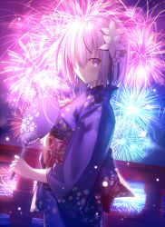 Rule 34 | 1girl, backlighting, blush, breasts, bridge, closed mouth, cowboy shot, fate/grand order, fate (series), fireworks, floral print, flower, from side, hair flower, hair ornament, hair over one eye, hand fan, japanese clothes, kimono, light purple hair, looking at viewer, looking to the side, mash kyrielight, mash kyrielight (grand new year), mashima saki (mashimasa), md5 mismatch, medium breasts, night, obi, official alternate costume, official style, paper fan, purple eyes, sash, short hair, smile, solo, uchiwa, wide sleeves, yukata