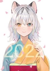 Rule 34 | 1girl, 2022, absurdres, animal ears, blue eyes, blue kimono, blush, chinese zodiac, closed mouth, commentary, falling petals, hand up, heterochromia, highres, ikoan, japanese clothes, kimono, long sleeves, looking at viewer, medium hair, multicolored hair, obi, original, petals, sash, simple background, smile, solo, streaked hair, tiger ears, two-tone kimono, upper body, white background, white hair, year of the tiger, yellow eyes, yellow kimono