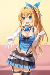 Rule 34 | 1girl, :d, asymmetrical legwear, bad id, bad pixiv id, bare shoulders, black skirt, black thighhighs, blonde hair, blue eyes, blue ribbon, blue shirt, blurry, blurry background, blush, breasts, cleavage, commentary request, couch, cowboy shot, depth of field, elbow gloves, garter straps, gloves, hair between eyes, hair ribbon, hand up, kim bae-eo, large breasts, long hair, looking at viewer, mirai akari, mirai akari project, navel, open mouth, outstretched arm, pleated skirt, ribbon, shirt, side ponytail, sidelocks, single thighhigh, skirt, sleeveless, sleeveless shirt, smile, solo, teeth, thighhighs, uneven legwear, upper teeth only, very long hair, virtual youtuber, white gloves