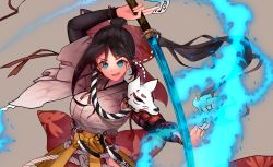 Rule 34 | absurdres, armor, bad id, bad pixiv id, black hair, blue eyes, blue fire, bow, breasts, brown background, earrings, fire, floatingapple, hair bow, highres, holding, holding weapon, japanese clothes, jewelry, katana, long sleeves, looking at viewer, mask, unworn mask, open mouth, original, samurai, shoulder armor, standing, sword, tassel, upper body, weapon, yellow bow