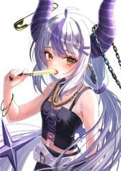 Rule 34 | 1girl, ahoge, alternate costume, alternate hairstyle, apurikotto (o ekaki aka), black bustier, black skirt, blush, bracelet, braid, braided bangs, chain, cross-laced clothes, demon horns, double-parted bangs, earrings, eyeshadow, food, gold chain, grey hair, highres, holding, holding food, holding popsicle, hololive, horns, jewelry, la+ darknesss, licking, long hair, looking at viewer, low twintails, makeup, mascara, midriff peek, multicolored hair, navel, open mouth, pointy ears, popsicle, purple hair, purple horns, red eyeshadow, skirt, slit pupils, solo, streaked hair, striped horns, tail, three quarter view, tongue, tongue out, twintails, upper body, very long hair, virtual youtuber, yellow eyes