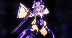 Rule 34 | 10s, 1girl, 3d, absurdres, blue eyes, blush, braid, breasts, cleavage, gloves, hair ornament, highres, large breasts, leotard, long hair, looking at viewer, neptune (neptunia), neptune (series), open mouth, purple hair, purple heart (neptunia), solo, sumxsum03, sword, symbol-shaped pupils, thighhighs, twin braids, very long hair, weapon, wings