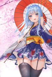 Rule 34 | 1girl, :d, black thighhighs, blue eyes, blue hair, blue kimono, branch, breasts, cherry blossoms, cowboy shot, emori miku, floral print, garter straps, hand up, highres, holding, holding umbrella, japanese clothes, kimono, large breasts, liver city, long hair, long sleeves, looking at viewer, obi, oil-paper umbrella, open mouth, print kimono, reinama, sash, smile, solo, thighhighs, umbrella, wide sleeves, zettai ryouiki