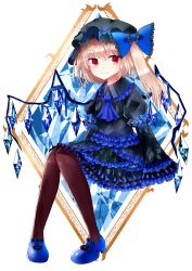Rule 34 | 1girl, absurdres, alternate costume, ascot, black legwear, blonde hair, blue ascot, blue bow, blue dress, bow, commentary request, dress, flandre scarlet, frills, hat, hat bow, highres, juliet sleeves, long sleeves, looking at viewer, mob cap, puffy sleeves, red eyes, sakizaki saki-p, side ponytail, smile, solo, touhou, wide sleeves, wings