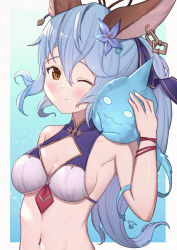 Rule 34 | 1girl, ;), animal ears, armpits, bare shoulders, bikini, blue flower, blue hair, blush, breasts, brown eyes, chain, closed mouth, commentary request, ear piercing, ferry (granblue fantasy), ferry (summer) (granblue fantasy), flower, granblue fantasy, hair between eyes, hair flower, hair ornament, hand up, highres, long hair, medium breasts, navel, one eye closed, piercing, smile, solo, swimsuit, uneg, upper body, very long hair, white bikini