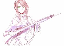 Rule 34 | 1girl, battle rifle, bayonet, bolt action, breasts, brown hair, closed mouth, girls&#039; frontline, green eyes, greyscale, gun, hair ornament, highres, holding, holding gun, holding weapon, jacket, lee-enfield, lee-enfield (girls&#039; frontline), long hair, looking at viewer, monochrome, rifle, solo, standing, suprii, uniform, weapon, white background