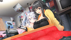 Rule 34 | 2girls, :3, animal ears, animal print, bed, black eyes, black hair, blush, breasts, cat phone case, cellphone, cleavage, controller, copyright name, curtains, dutch angle, fang, fish print, game controller, highres, huge breasts, kerberos blade, kotatsu, long hair, medium breasts, multiple girls, nekoyashiki arare, nekoyashiki chimaki, off-shoulder, off-shoulder sweater, off shoulder, open mouth, ozuka suma, phone, poster (medium), poster (object), radio, ribbed sweater, grey eyes, silver hair, smartphone, smile, sweater, table, television, very long hair