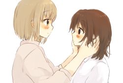 Rule 34 | 2girls, black eyes, blush, brown eyes, brown hair, brown shirt, closed mouth, eye contact, foomi, from side, hair between eyes, hands on another&#039;s cheeks, hands on another&#039;s face, light brown hair, long hair, looking at another, multiple girls, original, profile, shirt, simple background, smile, white background, white shirt, yuri