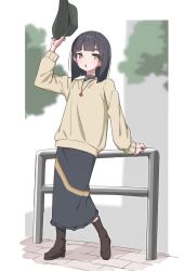 Rule 34 | 1girl, akari (raigou), arm up, black footwear, black hair, black hat, black skirt, blurry, blurry background, boots, brown sweater, commentary request, day, depth of field, full body, hat, highres, holding, holding clothes, holding hat, long sleeves, looking at viewer, original, outdoors, parted lips, raigou, railing, short eyebrows, skirt, solo, sweater, thick eyebrows, unworn hat, unworn headwear, yellow eyes