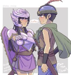 Rule 34 | 1boy, 1girl, armor, belt, black hair, blue pants, blush, brown belt, brown shirt, capelet, character name, closed mouth, cowboy shot, crossed arms, frown, gauntlets, green capelet, helmet, highres, mina shon, pants, profile, purple shirt, scabbard, shared thought bubble, sheath, sheathed, shield, shirt, short hair, shoulder armor, sleeveless, sleeveless shirt, south park: the stick of truth, stan marsh, standing, sweatdrop, sword, thought bubble, twitter username, v-shaped eyebrows, weapon, wendy testaburger
