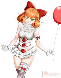 Rule 34 | 1girl, ahoge, android, balloon, bow, breasts, cosplay, gloves, green eyes, hair ribbon, highres, it (stephen king), looking at viewer, medium breasts, orange hair, penny polendina, pennywise (cosplay), ribbon, rwby, smile, solo, thighhighs