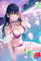 Rule 34 | 1girl, aerial fireworks, bare shoulders, bekotarou, bikini, black hair, breasts, choker, cleavage, closed mouth, cocktail glass, cup, drinking glass, earrings, fireworks, flower, glint, green eyes, hair rings, hand up, hibiscus, highres, jewelry, large breasts, long hair, looking at viewer, multi-strapped bikini, nail polish, navel, original, pool, purple bikini, purple choker, purple nails, side-tie bikini bottom, skindentation, smile, solo, stomach, string bikini, swimsuit, thigh strap, thighs, water, wet