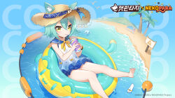 1girl animal_ear_fluff animal_ears artist_request bare_arms bare_legs barefoot beach blue_background blue_one-piece_swimsuit blush cacao_(nekopara) cat_ears cat_fantasy child closed_mouth commentary_request company_name copyright_name cup day disposable_cup double-parted_bangs drinking drinking_straw ears_through_headwear foot_out_of_frame frilled_one-piece_swimsuit frills green_hair hair_between_eyes hands_up hat highres holding holding_cup korean_commentary looking_at_viewer nekopara ocean official_art one-piece_swimsuit outdoors palm_tree ribbon sandals short_hair simple_background soles solo splashing straw_hat swim_ring swimsuit toes tree tsurime unworn_sandals water yellow_eyes yellow_ribbon