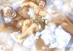 Rule 34 | 2boys, :d, abs, aegir (housamo), aqua hair, bara, bath, beard, blue eyes, bubble, bubble bath, completely nude, convenient censoring, convenient leg, dark-skinned male, dark skin, facial hair, giant, giant male, grin, hand on own head, katoributa a, large pectorals, male focus, mature male, multicolored hair, multiple boys, muscular, muscular male, nipples, nude, open mouth, pectorals, protagonist 3 (housamo), same-sex bathing, shared bathing, short hair, sitting, sitting on person, size difference, smile, spread legs, steam, steam censor, stomach, streaked hair, thick thighs, thighs, tokyo houkago summoners, white hair, yaoi