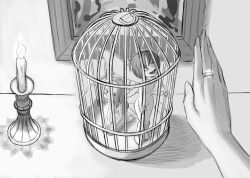 Rule 34 | 3girls, absurdres, bags under eyes, birdcage, breasts, cage, candle, captured, collar, fairy, fairy wings, flat chest, greyscale, hands on lap, hatching (texture), highres, in cage, jewelry, kiyoshi2431, linear hatching, looking up, mind control, mini person, minigirl, monochrome, multiple girls, navel, nude, original, painting (object), ring, sitting, size difference, skinny, small breasts, smile, standing, table, wings