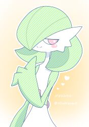 Rule 34 | 1girl, arm at side, artist name, averting eyes, blush, blush stickers, bob cut, closed mouth, colored skin, creatures (company), female focus, flat chest, game freak, gardevoir, gen 3 pokemon, green hair, green skin, hair over one eye, half-closed eyes, hand up, happy, heart, highres, index finger raised, japanese text, looking to the side, multicolored skin, nintendo, one eye covered, outline, pokemon, pokemon (creature), red eyes, short hair, signature, simple background, smile, solo, split mouth, standing, translated, twitter username, two-tone skin, upper body, white outline, white skin, yellow eyes, yuri (fl0werspace)