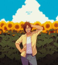 Rule 34 | 1other, aquiline nose, blue sky, brown hair, closed eyes, cloud, commentary, contrapposto, cowboy shot, dated, denim, english commentary, field, flower, flower field, grey pants, hand in own hair, hange zoe, hanpetos, jeans, open mouth, other focus, pants, shingeki no kyojin, shirt, sky, sleeves rolled up, smile, solo, sunflower, sunflower field, yellow shirt