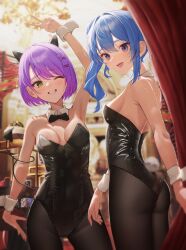 Rule 34 | 2girls, :d, absurdres, animal ears, armpits, bare shoulders, blue eyes, blue hair, blush, breasts, demon girl, demon tail, detached collar, fake animal ears, green eyes, hair between eyes, hair ornament, hairclip, highres, hololive, horns, hoshimachi suisei, leotard, long hair, looking at viewer, medium breasts, multicolored hair, multiple girls, one eye closed, open mouth, pantyhose, playboy bunny, purple hair, rabbit ears, rabbit tail, senriyama, short hair, side ponytail, small breasts, smile, strapless, strapless leotard, streaked hair, tail, tokoyami towa, twintails, v, virtual youtuber, wrist cuffs
